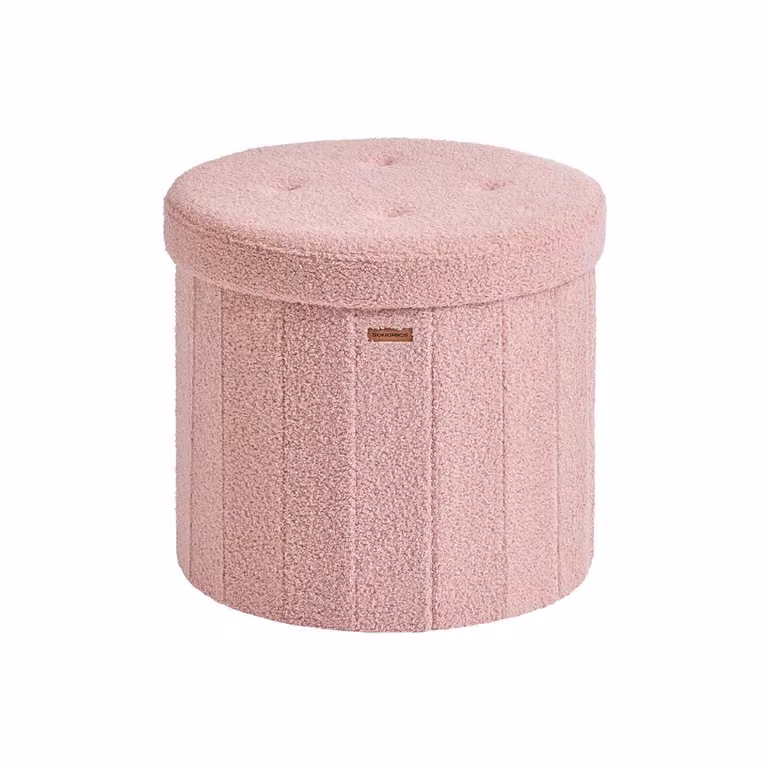 Pouf contenitore rotondo pieghevole, Rosa Pastello / Peluche Teddy