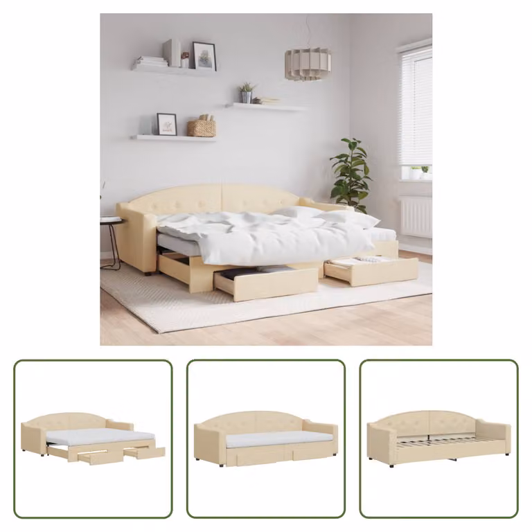 The Living Store letto da giorno allungabile con cassetti crema 80x200 cm in tessuto