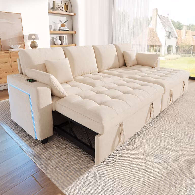 Divano angolare a forma di L, 4 posti, con funzione letto, dotato di meccanismo estraibile, illuminazione LED, porta USB di tipo C, schienale regolabile, rivestito in chenille, colore beige