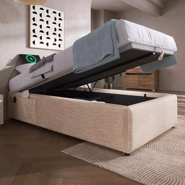 Letto Singolo 90x200 cm Letto Contenitore Idraulico Senza Testiera in Lino Naturale con Prese USB/Type-C