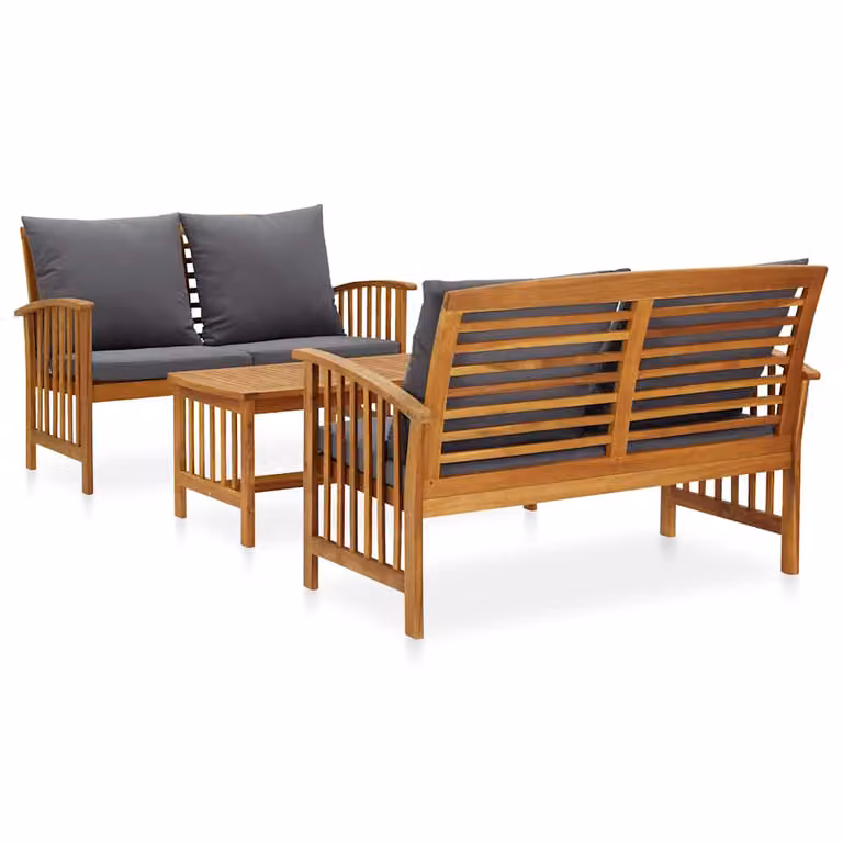 Set da giardino vidaXL in legno di acacia con divano a 2 posti, tavolino e cuscini imbottiti grigi e marroni