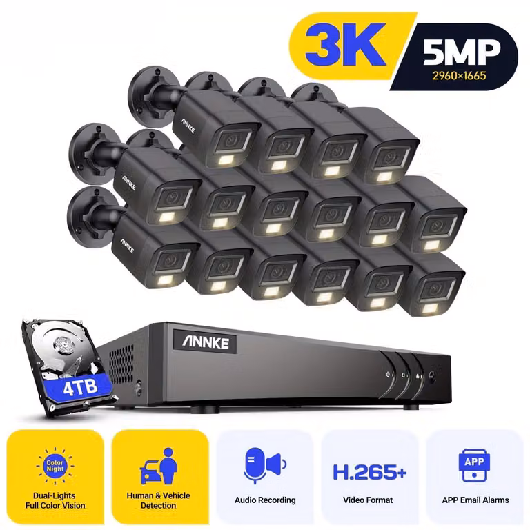Sistema di sicurezza con telecamere CCTV a 16 canali, hard disk da 4TB e risoluzione 3K UHD, dotato di rilevamento del movimento tramite intelligenza artificiale
