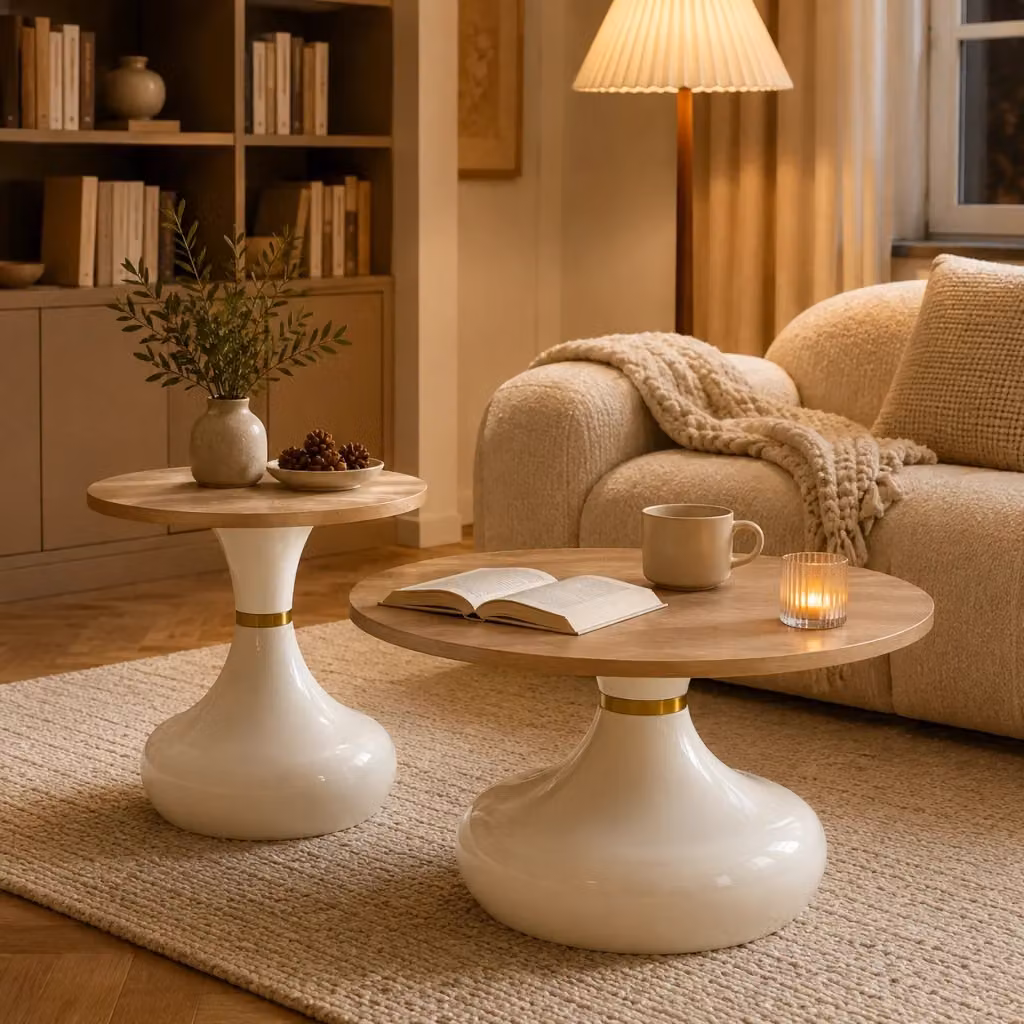 Set di 2 tavolini da divano MIVRAY con piani rotondi in MDF effetto pietra e basi in metallo, colori marrone e beige – 2
