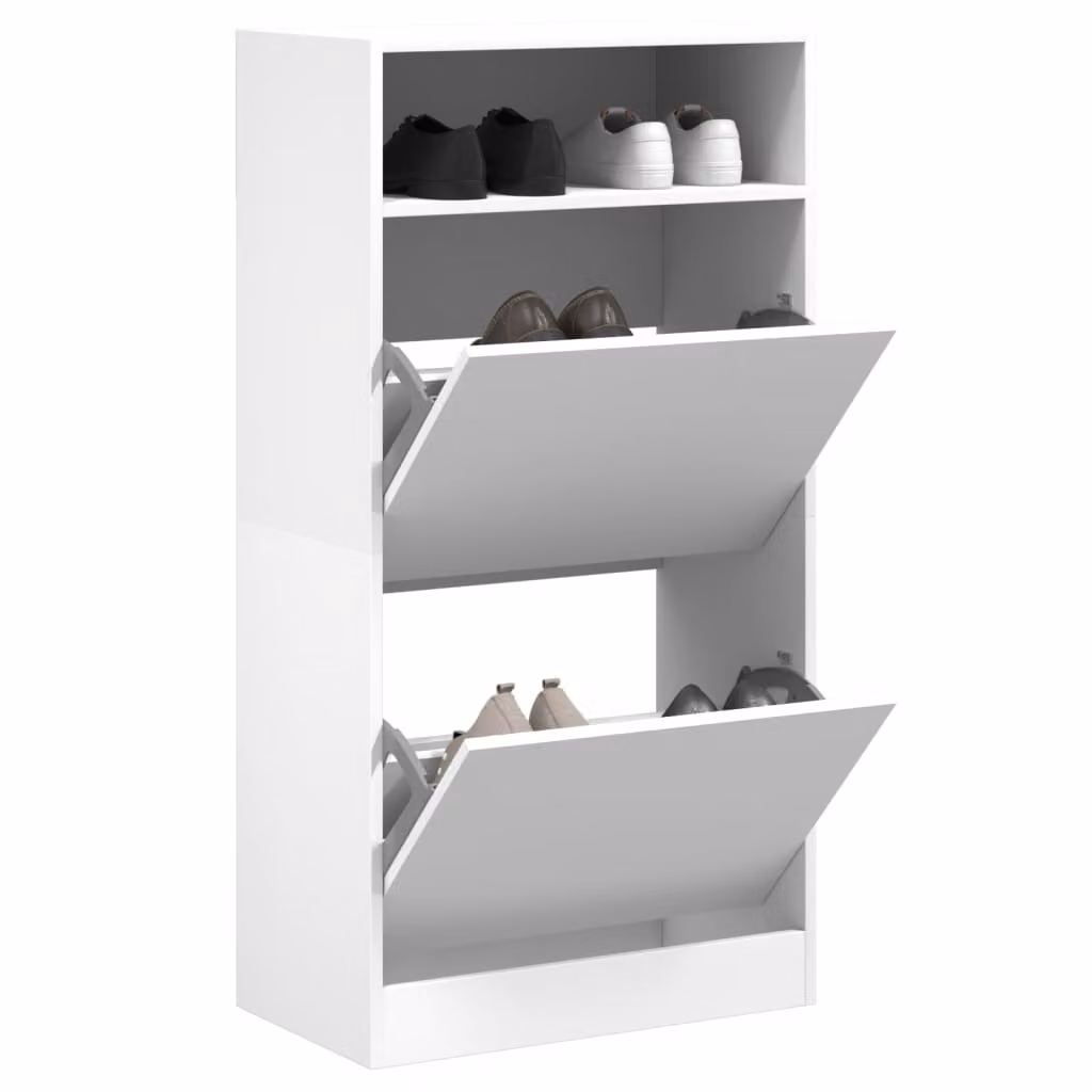 Scarpiera moderna vidaXL bianca con ante a ribalta e ripiani interni, sospesa a parete, L: 60 cm, P: 34 cm, H: 116 cm