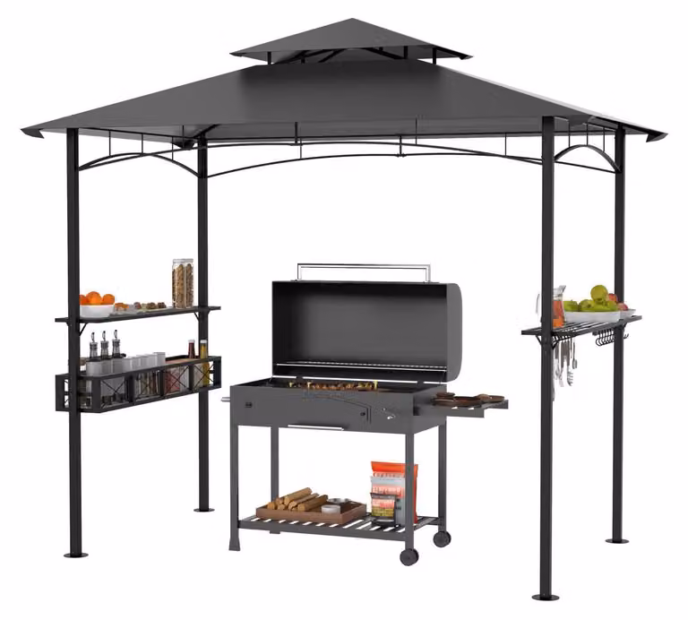 Gazebo per barbecue con tetto a doppio strato, dimensioni 245 x 153 x 250 cm, colore grigio, resistente all'acqua, ignifugo, completo di cesto portaoggetti