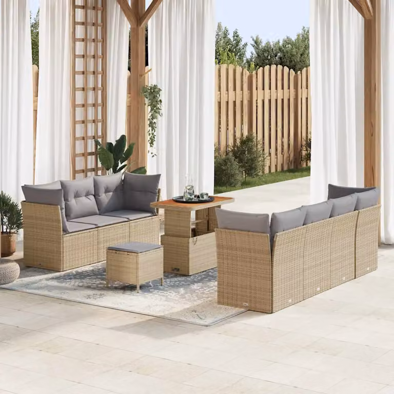 Set Divano da Giardino vidaXL 10 Pezzi in Polyrattan Beige con Cuscini e Struttura in Acciaio Verniciato a Polvere