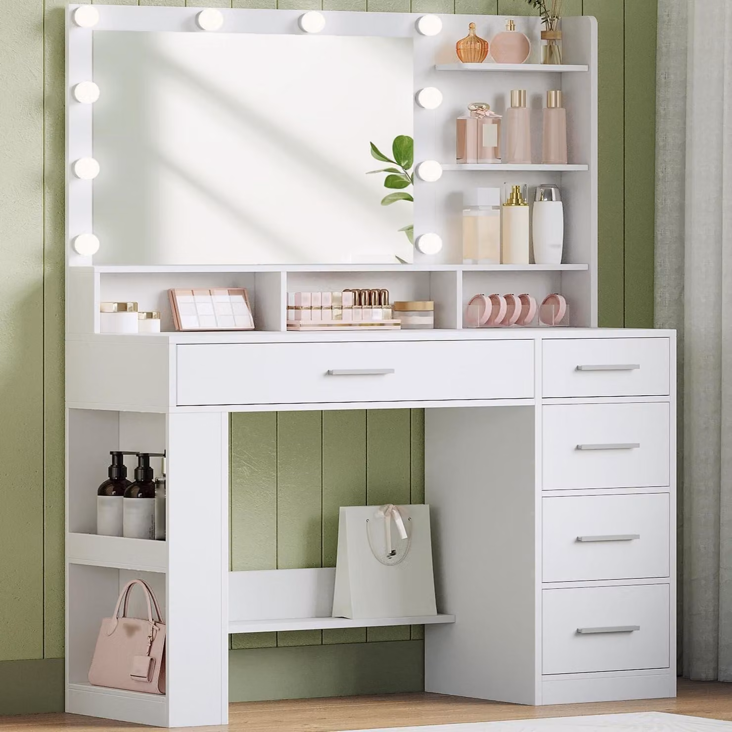Comò da trucco da 108 cm con specchio HD e illuminazione a LED, bianco, dotato di 6 scomparti aperti, 5 cassetti e spazio di stoccaggio laterale