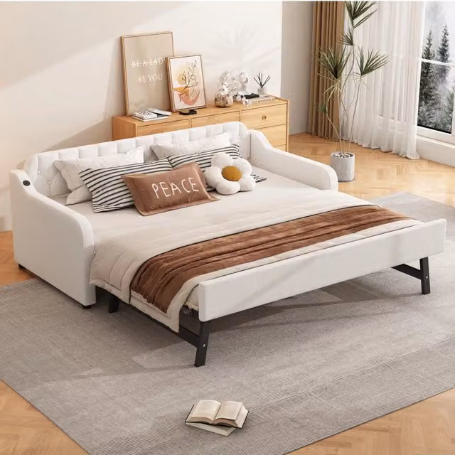Letto con letto estraibile 90 × 200 cm con presa USB in tessuto di lino e MDF beige