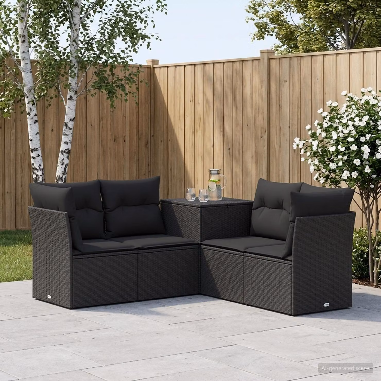 Set di divani da giardino vidaXL a forma di L composto da 5 pezzi in rattan sintetico e metallo nero con cuscini inclusi