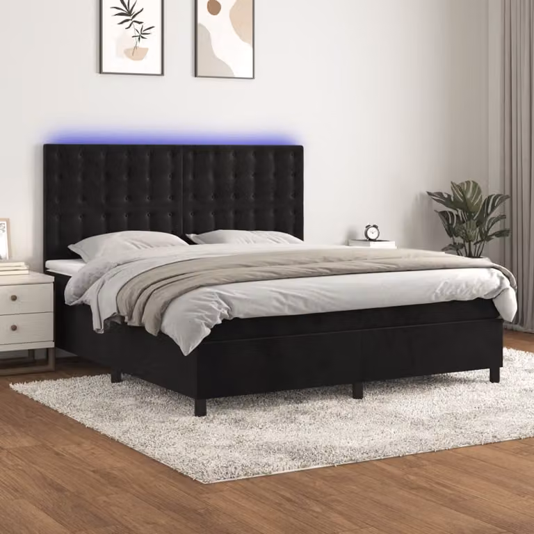 Letto Ibrido vidaXL con Materasso e Illuminazione LED in Velluto Nero L/P: 160 x 200 cm