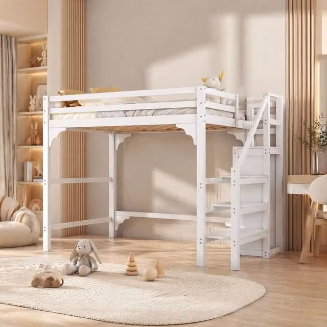 Letto a soppalco Mivray in legno di pino e MDF bianco con scala a gradini contenitore e armadio L/P/H: 245 x 140 x 200 cm