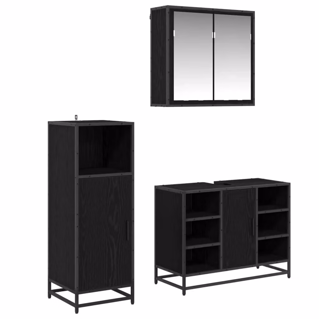 Set di mobili per il bagno moderno vidaXL in 3 pezzi, colore nero e rovere, con armadietto con specchio, mobile lavabo e mobile laterale, L/P/H: 80 x 33 x 60 cm – 2