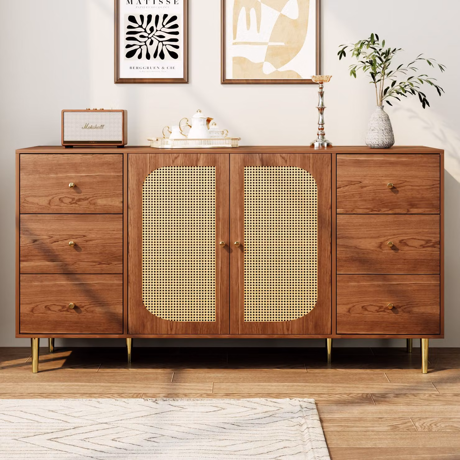 Credenza moderna Aosom in rattan e MDF marrone con cassetti per cucina e soggiorno L/P/H: 160 x 40 x 90 cm – 2