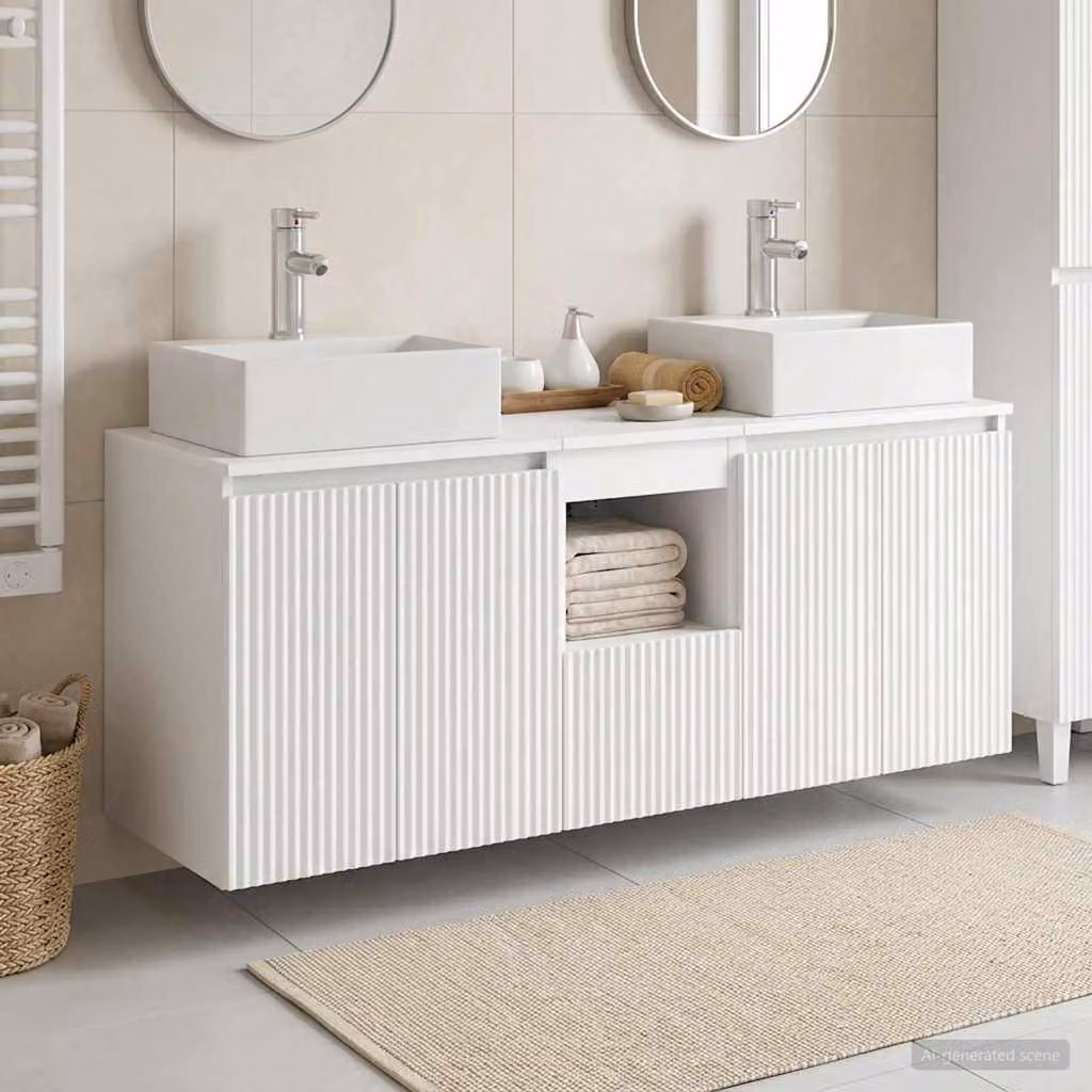 Set di 3 mobili da bagno moderni vidaXL in bianco con base lavabo e pensili a muro L/P/H: 128 x 41 x 79,5 cm