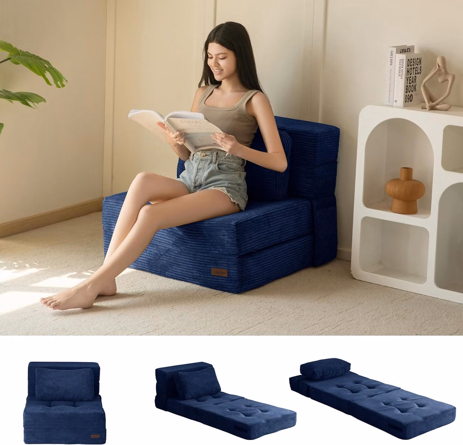 Materasso pieghevole, divano letto in schiuma, materasso triplo pieghevole con 1 cuscino, divano letto trasformabile, futon con schiuma di 15 cm di spessore