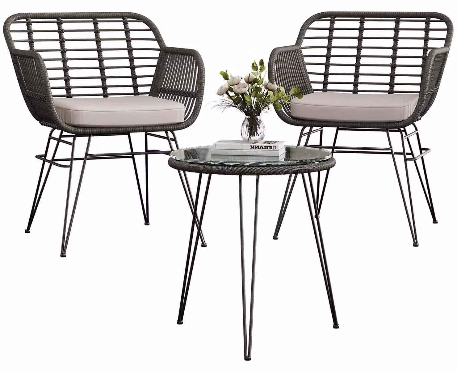Set da bistrot da esterno in rattan, composto da 3 pezzi: 2 sedie e un tavolino in vetro. Realizzato con rattan in polietilene resistente agli agenti atmosferici e dotato di struttura in metallo. Colore: grigio