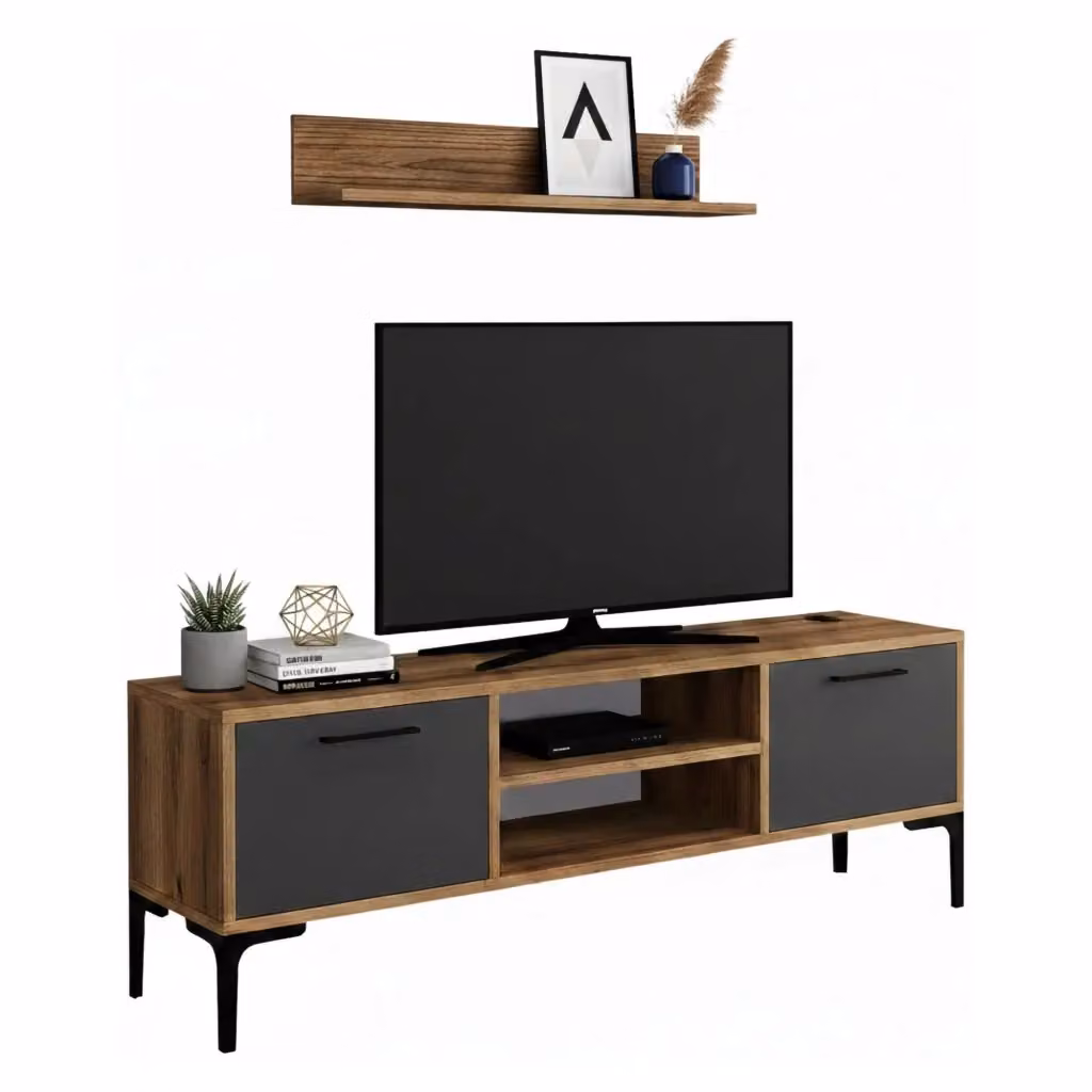 Mobile porta TV DMORA moderno in noce e antracite L: 140 cm, P: 30 cm, H: 48 cm – 2