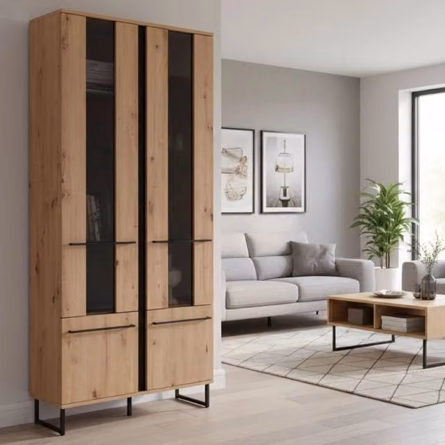 Mobile Espositore Vetrina Gissi DMORA con 8 Ripiani e Ante in Vetro, Colore Marrone Rovere Nodi, L: 84.5 cm, P: 35 cm, H: 193.5 cm – 1