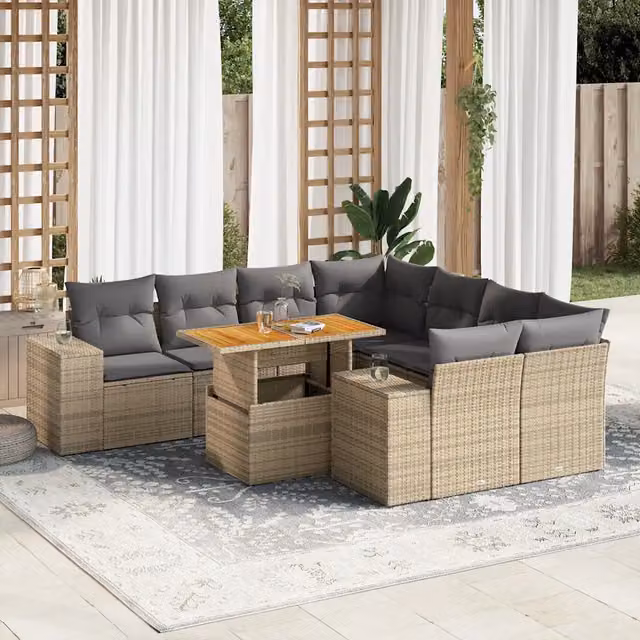 Set Divano da Giardino a L vidaXL in Polyrattan con Cuscini Beige e Tavolino da Esterno