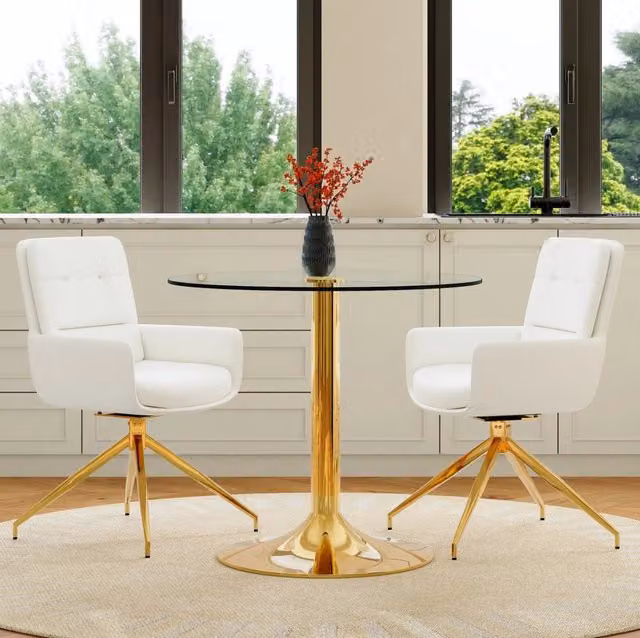 Set tavolo rotondo in vetro e 2 sedie girevoli bianco oro