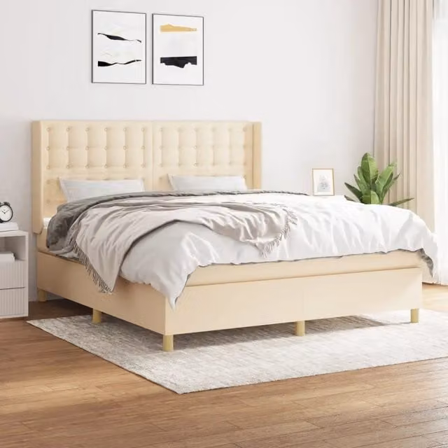 Letto Ibrido vidaXL con Giroletto a Molle e Materasso in Tessuto Beige e Bianco L/P/H: 160 x 200 x 25 cm