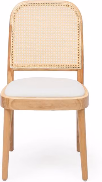 Set di 6 sedie da pranzo in legno massello con schienale in rattan e rivestimento in lino, colore legno naturale