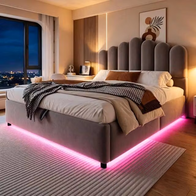 Letto imbottito 140 × 200 cm con vano contenitore idraulico in velluto grigio con LED e rete a doghe