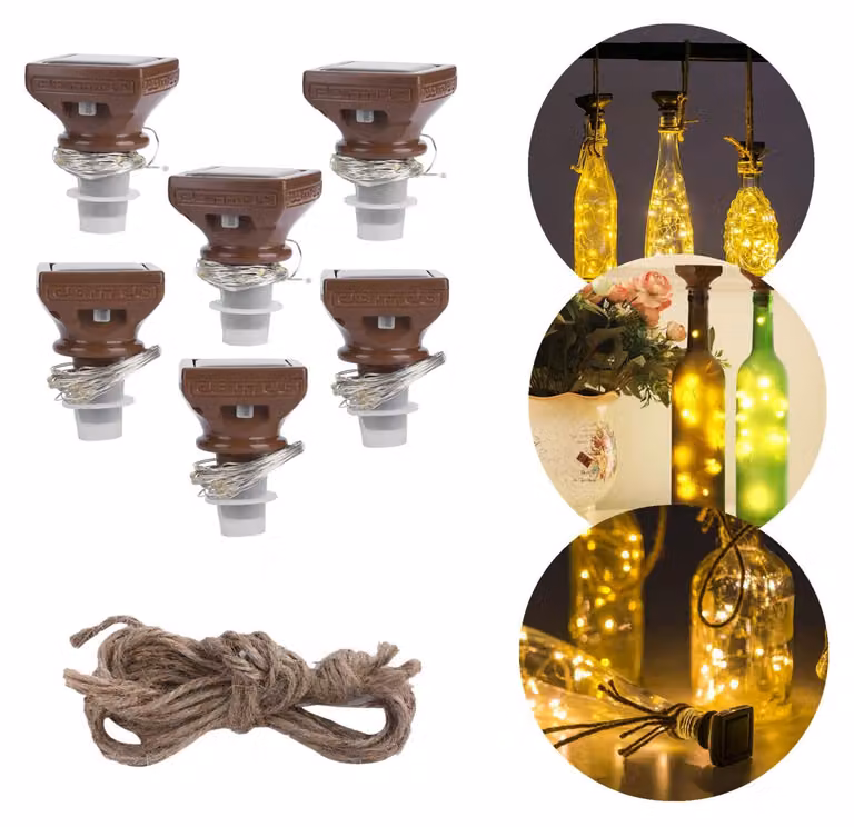 Catena luminosa solare con 20 LED, confezione da 6 pezzi, grado di protezione IP44, luce bianco caldo, ideale per decorare bottiglie