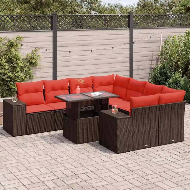 Set di divani da giardino vidaXL in polyrattan marrone con cuscini e tavolino da esterno a forma di U