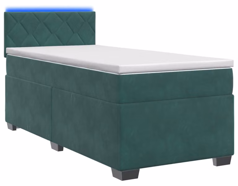 Letto con boxspring, materasso e illuminazione LED, colore verde scuro, dimensioni 90 x 200 cm, rivestito in velluto