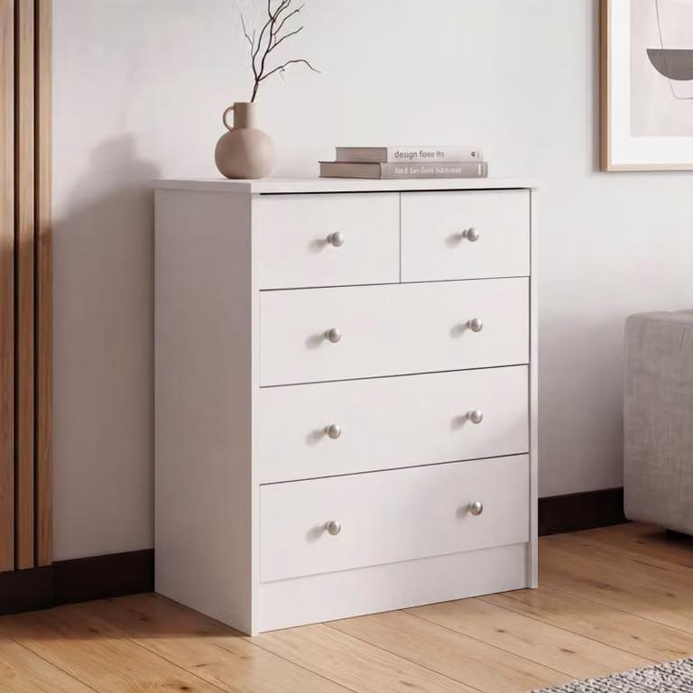 FineBuy Design: cassettiera in legno bianca 60 x 70 x 35 cm con 5 cassetti; mobile multiuso da appoggio per l'ingresso; credenza moderna; mobile intramontabile