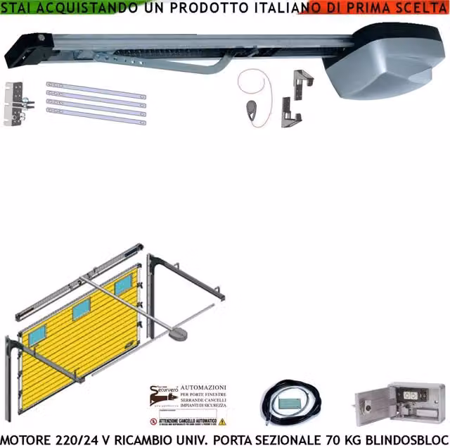 Kit Ricambio Motore Securvera per Automazione Porta Sezionale da Soffitto, Carico 70 Kg, Colore Grigio con Binario da 3 MT, Radiocomando e Sistema Autoblock