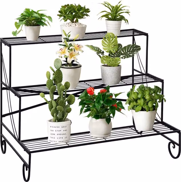 Portapiante a scala Outsunny in metallo nero a 3 livelli per giardino e decorazione esterna – 1