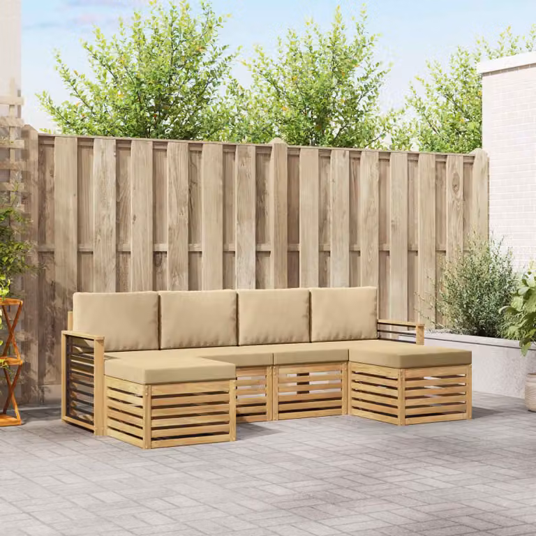vidaXL Set di divani da esterno a L composto da 6 pezzi in legno di acacia, Bianco, Beige e Marrone