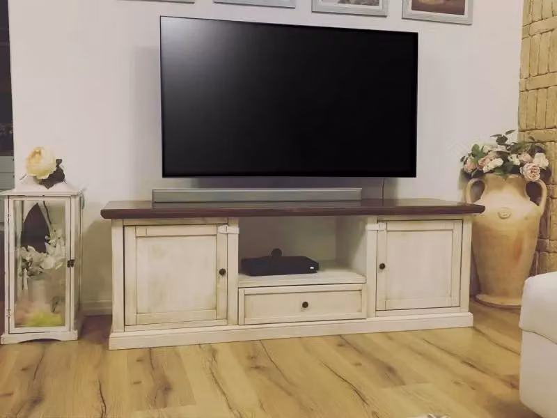 Porta TV con 2 ante in legno stile shabby chic bianco e noce Mobili 2G L: 160 cm, P: 46 cm, H: 56 cm – 2