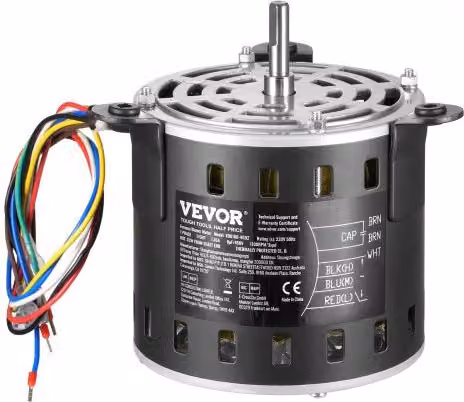 Motore per Soffiatore per Fornace VEVOR 0,15 kW 220 V 1,45 A con 3 Velocità, 1100 RPM, Diametro Albero 10 mm e Lunghezza Albero 20 mm, Condensatore CBB60 8 μF/450 V, Colore Nero