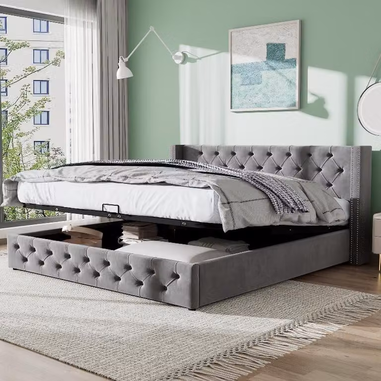 Letto imbottito 140x200 cm, grigio, in flanella, con spazio contenitore e rete a listelli, ideale per la camera da letto