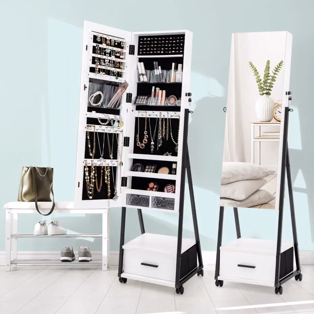 Armadietto portagioie Design Mania bianco con specchio, cassetti interni e serratura, L: 42.0 cm, P: 38.0 cm, H: 157.0 cm – 2