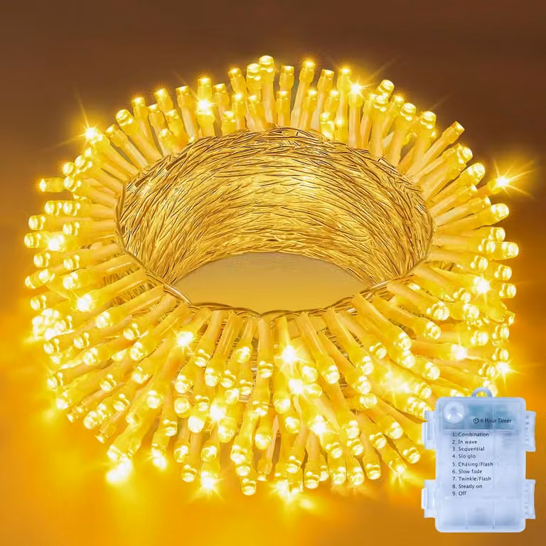 Catena luminosa a LED, 10 metri, 100 LED bianco caldo, alimentazione a batteria, grado di protezione IP44