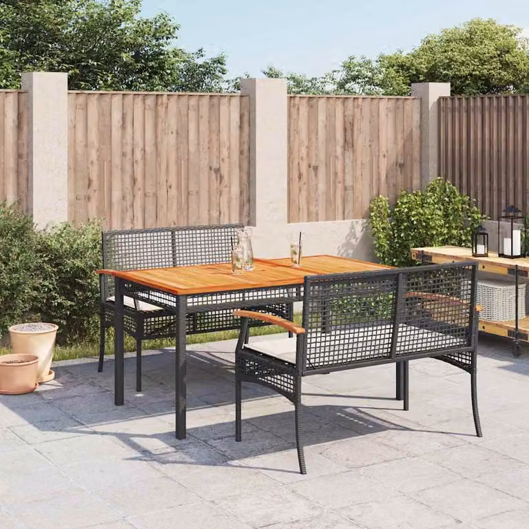 Set da Pranzo da Giardino vidaXL in Polyrattan e Legno di Acacia con Cuscini, Nero