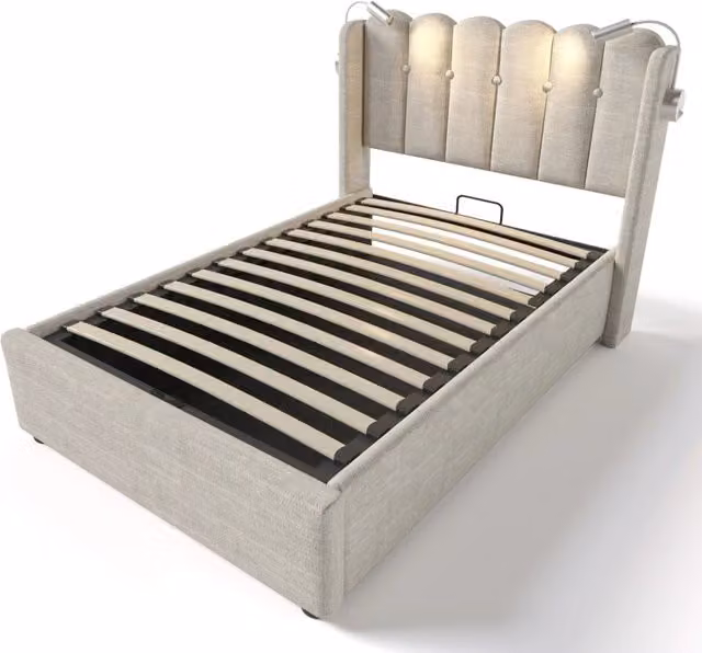 Letto singolo imbottito con testiera in lino naturale 90x200 cm con luce da lettura e funzione di ricarica USB, struttura con contenitore