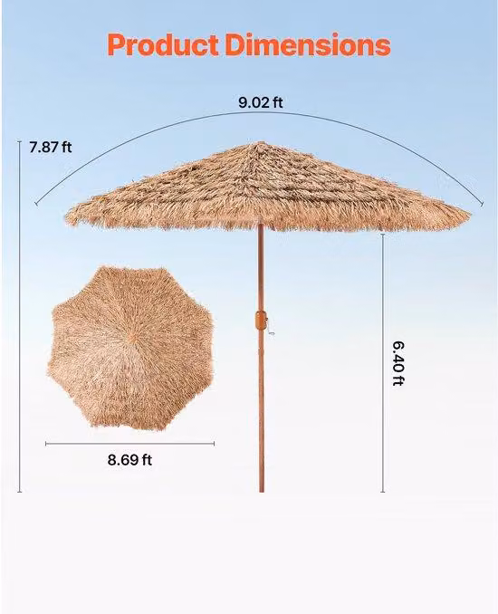 Ombrellone da spiaggia hawaiano, 2,75 m, ombrellone flessibile con struttura in paglia di PP e 8 robuste aste metalliche, ideale per spiaggia, terrazza, piscina, giardino e cortile