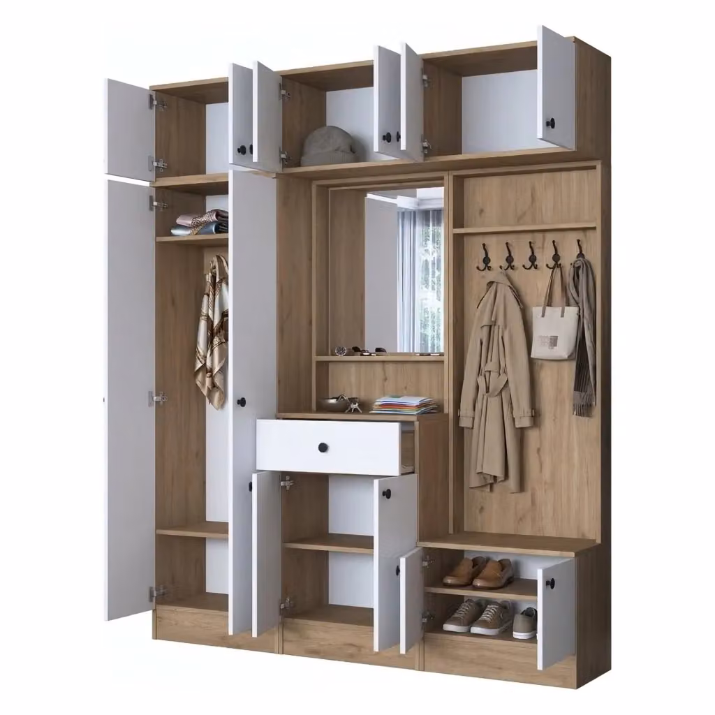DMORA Mobile da Ingresso Moderno con Specchio e Ripiani, L: 179 cm, P: 38 cm, H: 226 cm, Bianco e Marrone – 2