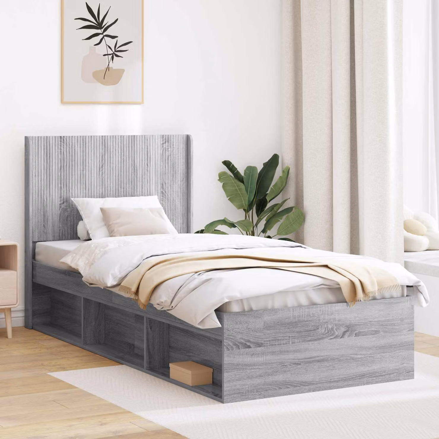 Struttura letto con contenitore e testata vidaXL in legno Sonoma grigio L: 100 cm, P: 200 cm, H: 105 cm