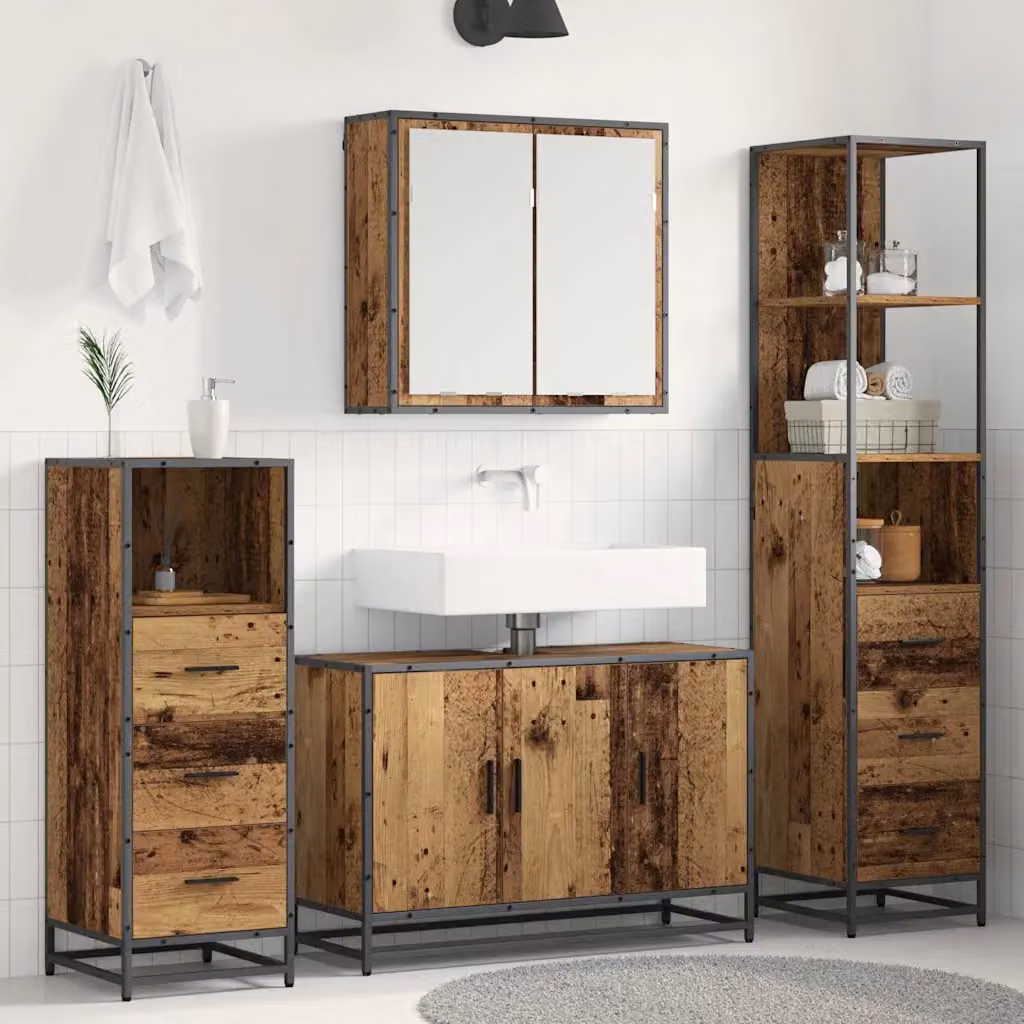 Set di mobili per il bagno moderno vidaXL in legno e metallo marrone, composto da armadietto con specchio, mobile lavabo, mobile laterale e colonna alta, L/P/H: 90 x 33 x 166 cm