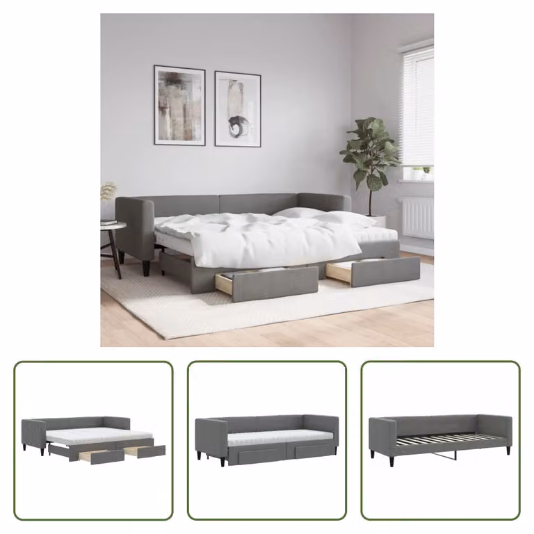 The Living Store Letto da giorno allungabile con cassetti grigio scuro 80x200 cm tessuto