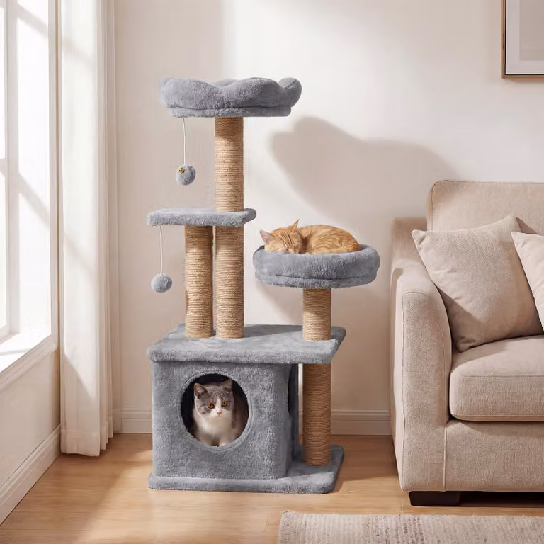 Albero per gatti Costway con condo, tiragraffi e giocattoli integrati, Grigio, Altezza: 96 cm