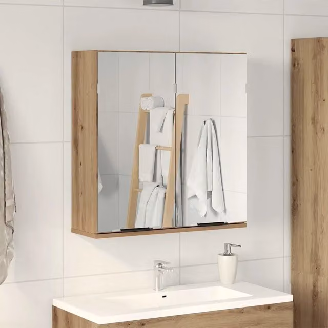 Mobile da bagno moderno vidaXL in legno e vetro color marrone con specchio e ripiani interni, sospeso, L: 66,5 cm, P: 20,0 cm, H: 64,0 cm