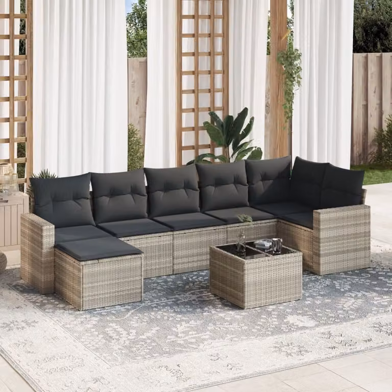 vidaXL Set Divano da Giardino a L 8pz con Cuscini Grigio con Tavolino e Ottoman in Polyrattan e Acciaio