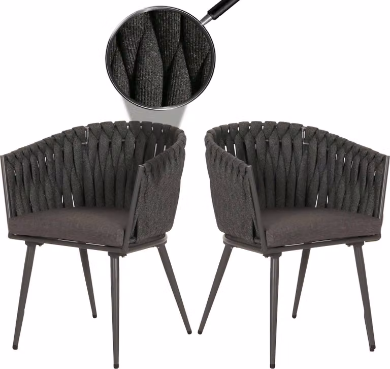 Set di 2 sedie da pranzo in alluminio, modello MCW-N38, per interni, con braccioli, rivestite in corda di olefin, colore antracite, cuscini color grigio scuro